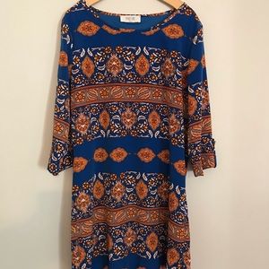 Peach Love, Blue and Gold dress, 3/4 sleeve, Small